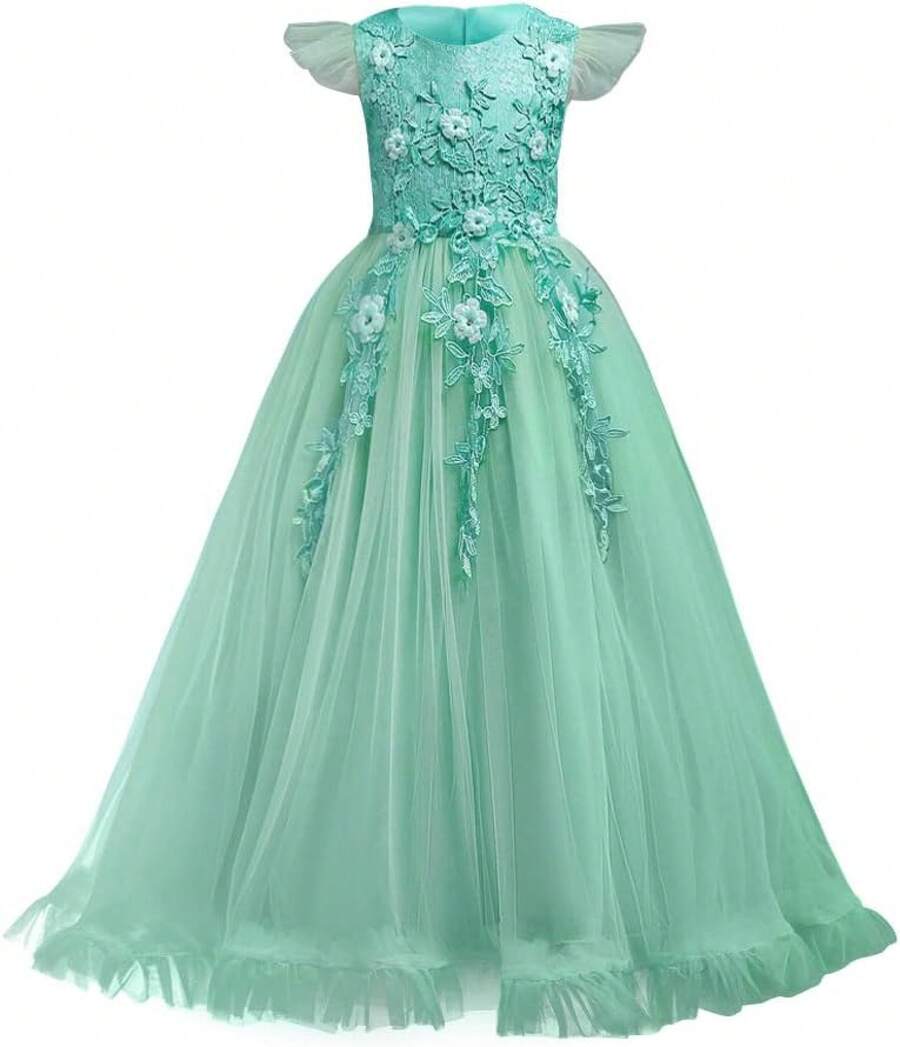 Vintage Lace Party Dress For Girls - Boho Style Maxi Gown For Pageant, Wedding & Celebration - 綠松石綠 - 查看 1