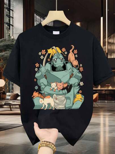 Men's Pure Cotton T-Shirt By Fullmetal Alchemist Alphonse Elric, Floral Art Print With Cute Cats And Flowers, High Quality, Durable, Casual Fashion