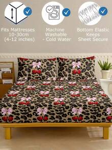 3件套豹纹樱桃图案床上用品（1个床笠+2个枕套，不含枕芯），蝴蝶印花防滑床罩，少女风蝴蝶印花床上用品，柔软亲肤 - 彩色 - 查看 4