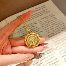 New Chinese Style Palace Flower Filigree 18K Gold Plated Zirconia Rotating Bagua Compass Pendant Necklace - Gold - View 6