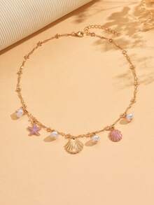 1pc Irregular Faux Pearl Necklace, Gold Alloy Ocean Creature Pendant Necklace, Enamel Starfish & Shell Decor, Versatile For Daily Wear, Beach Party, Music Festival - Multicolor - View 2