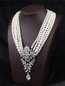 【奢华珍珠项链】优雅多层仿珍珠项链 - 奢华水晶吊坠，女士派对宴会配饰 - 珍珠款 - 查看 1