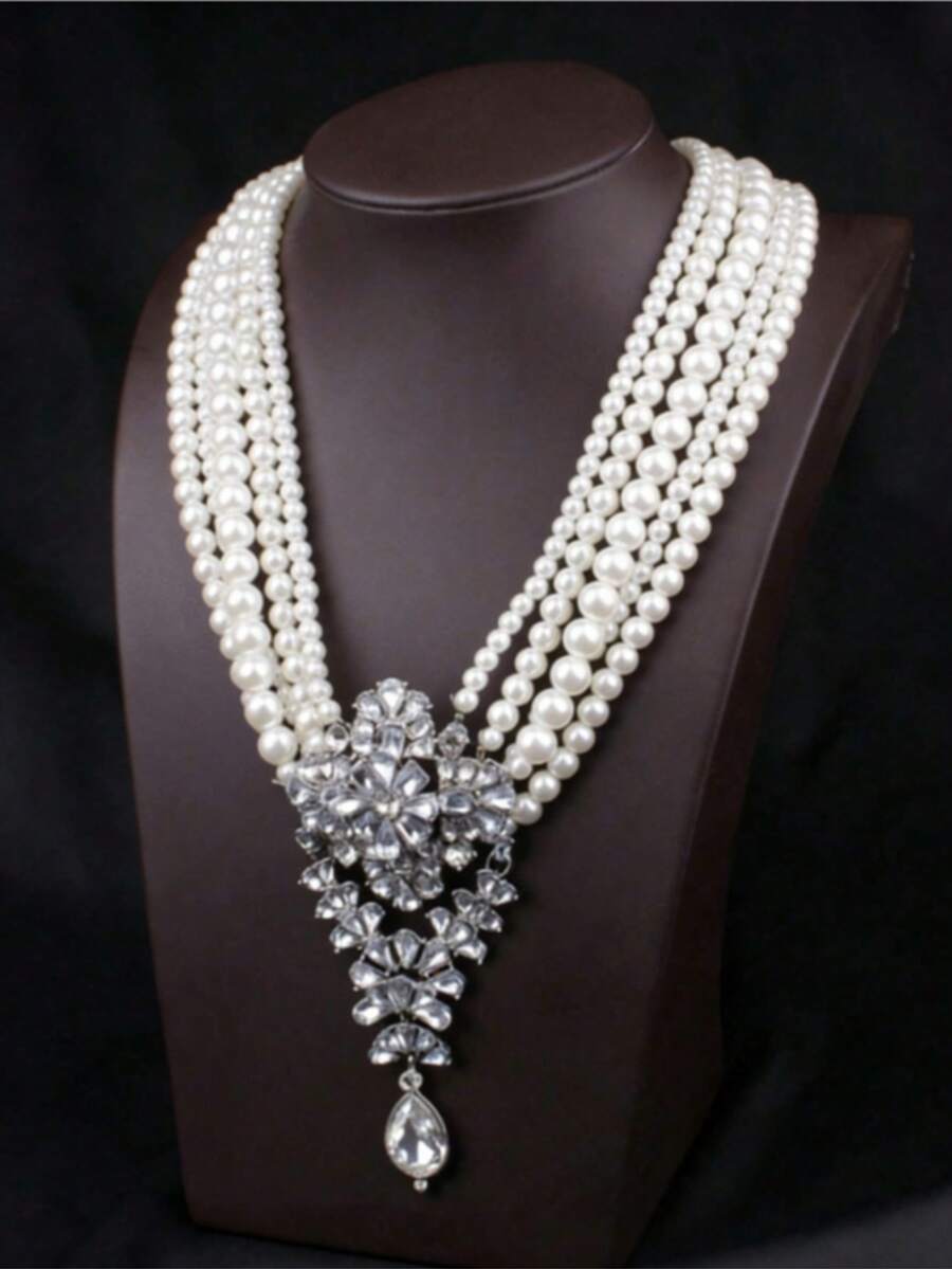 【奢华珍珠项链】优雅多层仿珍珠项链 - 奢华水晶吊坠，女士派对宴会配饰 - 珍珠款 - 查看 1