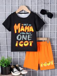 2件組街頭風小男孩「My Mom Is One Of A Kind」字母標語短袖T恤與短褲套裝，時尚休閒日常穿著，適合戶外玩耍與親子派對 - 黑色 - 查看 5