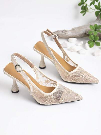 New Summer Apricot Lace Pointed Toe High Heel Sandals, Strap Buckle Thin Heels Closed Toe Shoes, Elegant Commuting & Party Wear Fairy Shoes For Women