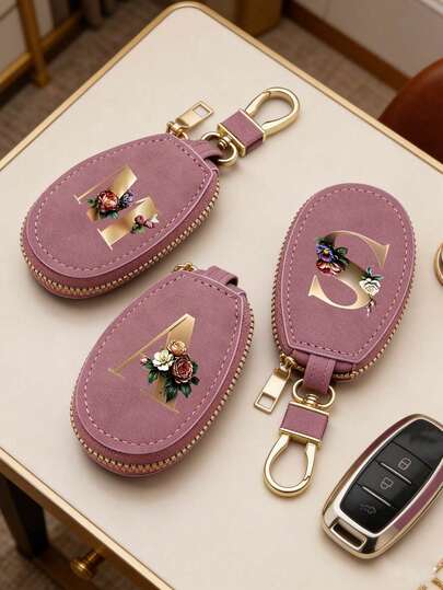 Unisex Multifunctional Key Pouch With Gold 26 Letter A-Z Pattern,Zippered Key Holder,Flower Pattern Design, Pu Imitation Leather Organizer,Zippered Bag, Car Key Organizer, Car Keychain,Compact Portable Key Pouch,Minimalist Design,Travel Accessory, Elegant Jewelry, For Home, Office, Travel, Car, For Men And Women, Ideal For Friends, Family, Couples,Anniversary, Birthday, Wedding, Mother'S Day Gifts.