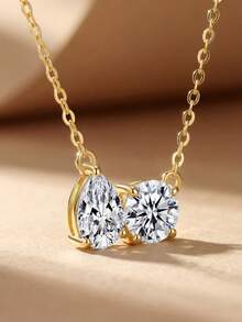 1pc S925 Sterling Silver Teardrop & Round Diamond Pendant Necklace, Exquisite Jewelry Gift For Women - Round Diamond - View 7