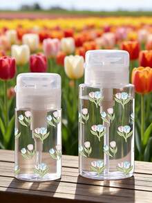 Tulip Pattern Refillable PET Portable Travel Bottle, Makeup Remover Decanting Bottle, With 3.38oz/6.76oz Portable Pump Head, Suitable For Nail Polish Remover, Toner And Makeup Remover, Dome Design, Hand Wash, Reusable, Makeup Remover Bottle - Multicolor - View 3