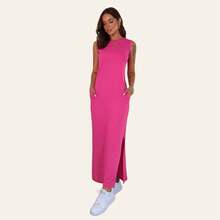 Women's Long Dress Set With Side Slit And Pockets - Black + Pink - View 3