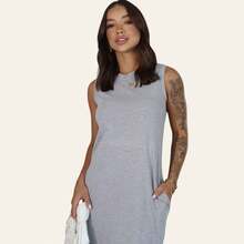 Women's Long Dress Set With Side Slit And Pockets - Gray + Beige - View 5
