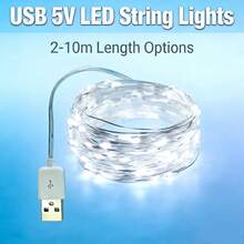 1 Pack 5V USB LED String Lights | Flexible Copper Wire | 2-10M | Plug And Play | Low Voltage | Ideal For Christmas, Valentine's Day, Bedroom, Party And Wedding Decoration - White - View 2