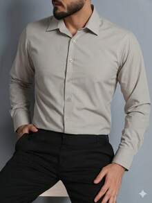 Men's Long Sleeve Slim Dress Shirt In Microfiber Fabric - Beige - View 1