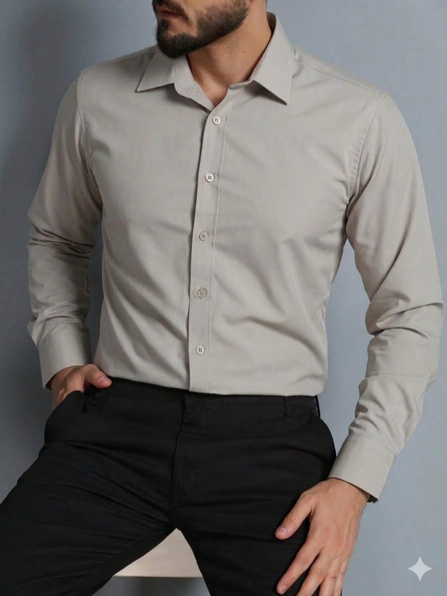 Men's Long Sleeve Slim Dress Shirt In Microfiber Fabric - Beige - View 1
