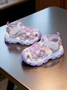 Girls' Flower Decor Sandals, Pink Princess Style Mesh Breathable, Soft Non-Slip Soles For Kindergarten & Beach - 紫色 - 查看 8