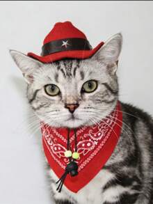 中国红色宠物西部牛仔套装，猫/狗节日派对服装帽子和头巾两件套 - 紅色 - 查看 3
