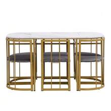 Six-Seater Dining Table And Chair Set: (White Table, Chairs With Gray Backrests And Upholstery, Gold Iron Frame), Dining Table And Chair Set, Modern Dining Table And Chair Combination - Mustard Yellow - View 5