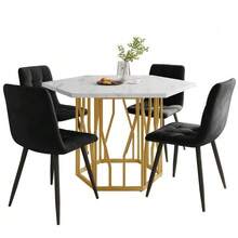 Dining Room Table And Chairs Set (5 Pieces), Modern Hexagonal Marble Table + 4 Black Velvet Chairs To Create A Warm And Contemporary Atmosphere, Gold Table Legs - Gold - View 2