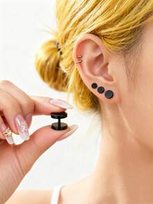 2 Pieces Minimalist Anti-Rust Titanium Steel Earlobe Piercing Barbell Unisex Stud Earrings Waterproof Hypoallergenic Cartilage Screw Stud Women Daily Wear Jewelry - Multicolor - View 1