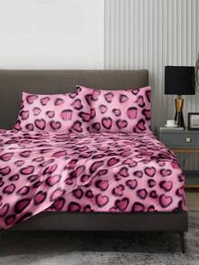 4件套 时尚亮粉色豹纹床单套装，易于打理的超细纤维柔软床上用品套装，花卉图案床笠套装（1张床单+1张床笠+2个枕套），床笠套装，适用于特大号、大号、标准双人床、单人床，床笠深口袋设计，枕套最大可达11.8英寸，柔软透气，不易起皱，更有利于睡眠，奢华酒店风格，送给父母、朋友的礼物 - 玫紅色 - 查看 2