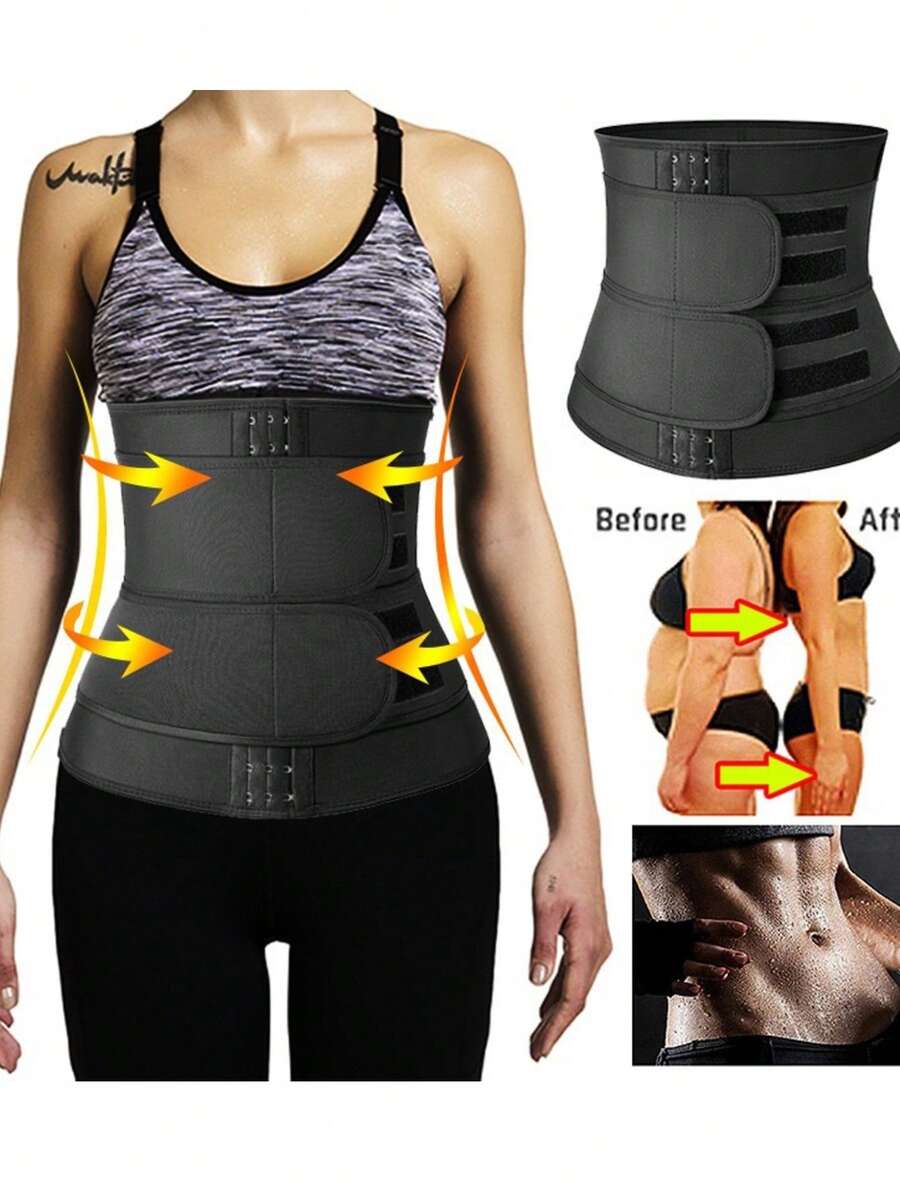 女士束腰带 - 全腹部塑形束腰带 | 腹部压缩塑形 | 高效腹部束带和排汗带，双层腰带排汗背心，弹性魔术贴扣加热腹部瘦身塑形束腰带 - 黑色 - 查看 1