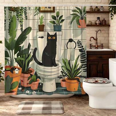 Cute Black Cat Plant Shower Curtain, Boho Greenery Bathroom Decor, Waterproof Fabric Bath Curtain For Shower, Rustic Farmhouse Bathroom Accessories, Cartoon Cat Pattern Shower Curtain, Heavy Duty Shower Curtain Set With Hooks, Decorative Window Curtain For Bedroom, Whimsical Bathtub Curtain For Bathroom Stall
