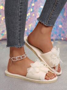 Elegant Home Fashion Fabric Pearl Slippers, Spring/Autumn New Design Ladies House Slippers - Beige - View 6