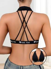 Women's Letter Jacquard Strap Elegant & Comfortable Backless Bra - Black - View 1