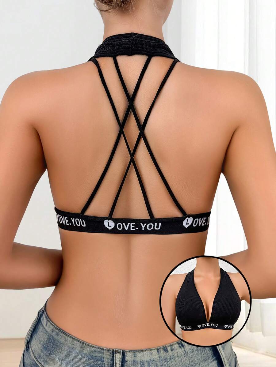 Women's Letter Jacquard Strap Elegant & Comfortable Backless Bra - Black - View 1