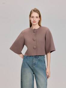 圆领短款纽扣针织开衫 - 卡其色 - 查看 5