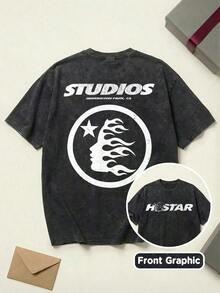 Graphic Cotton-Shirt Washed-Shirt Studios Flame Face Graphic Tee Unisex Couple Matching Boyfriend Style Y2K Grunge Aesthetic Double Sided Print Washed Cotton Graphic Tees Men Oversized Shirt Summer Outfits Camisetas Para Hombre Y2K,Oversize Plus Size Men's S To 3XL,Summer Tee - Black - View 1