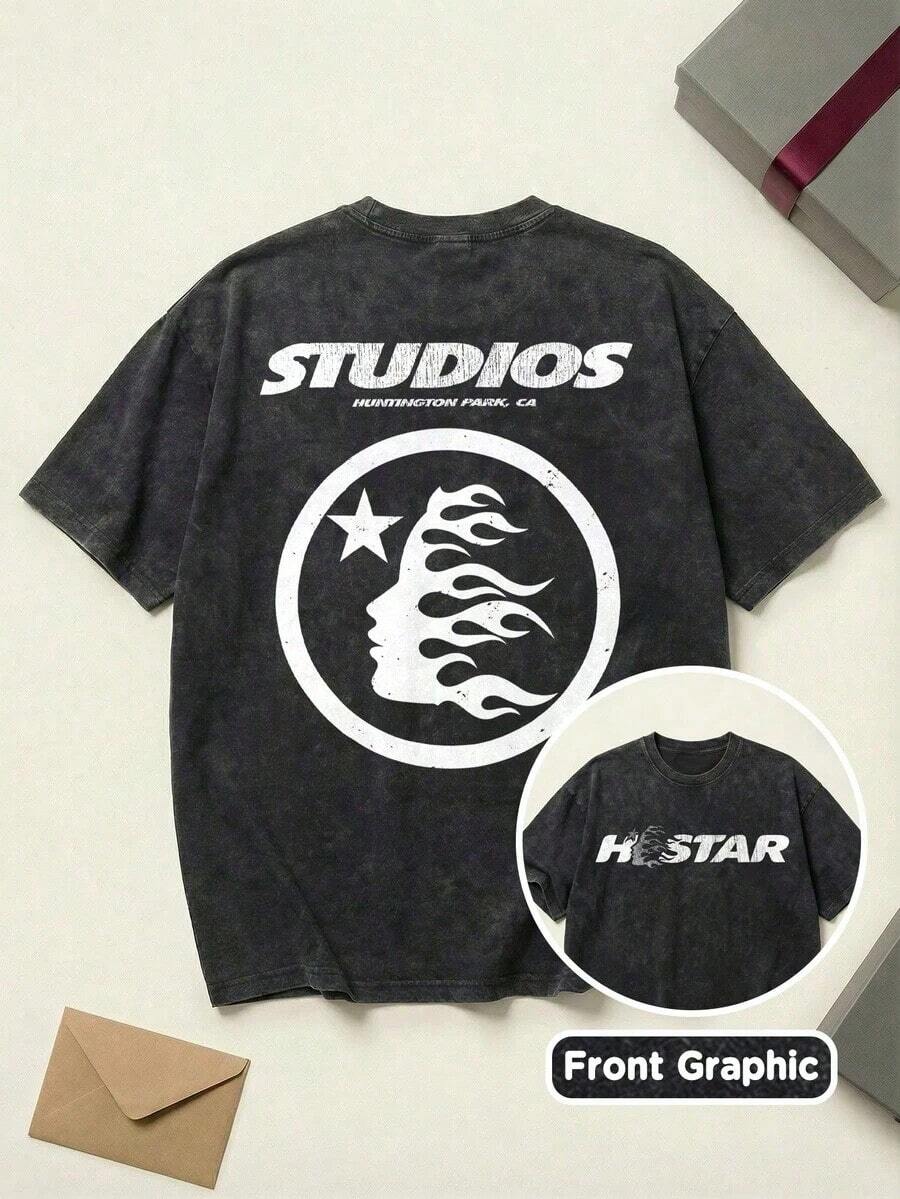 Graphic Cotton-Shirt Washed-Shirt Studios Flame Face Graphic Tee Unisex Couple Matching Boyfriend Style Y2K Grunge Aesthetic Double Sided Print Washed Cotton Graphic Tees Men Oversized Shirt Summer Outfits Camisetas Para Hombre Y2K,Oversize Plus Size Men's S To 3XL,Summer Tee - Black - View 1