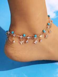 2件套时尚潮流闪亮百搭仿水晶蝴蝶串珠脚链套装，适合度假、派对、日常佩戴（宝石数量随机） - 彩色 - 查看 2