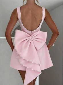 New Summer Women's Pearl Bow Back Fashionable Slim Fit Short Dress Hot Girl A-Line Dress - 粉色 - 查看 3