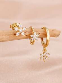 3PCS Fashion Cubic Zirconia Flower Hoop Earrings Set For Women 18K Gold Plated Cartilage Piercing Ear Stud Girls Party Jewelry Gift - 3PCS - Gold - View 1