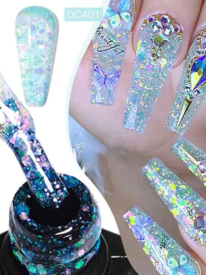 Mtssii 1瓶7毫升花朵亮片凝胶指甲油，闪亮激光闪粉凝胶指甲油，适合夏季美甲，半永久可卸UV凝胶指甲油，美甲DIY，家用及美甲沙龙用品