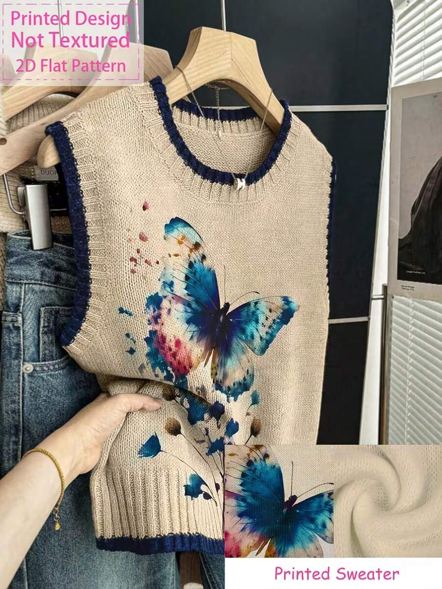 Áo hai dây dệt kim in hình bướm dành cho nữ, dáng dài vừa phải, chất liệu co giãn trung bình. - Màu Khaki - Xem 1