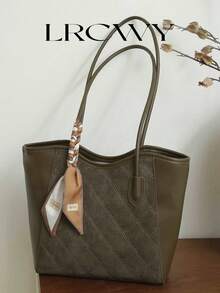 Túi xách tote dập vân cá sấu thanh lịch, túi đeo vai thời trang, trang trí khăn choàng tinh tế, túi công sở rộng rãi, màu xanh ô liu. - Màu xanh lá cây đậm - Xem 3