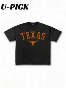 U-PICK -Texas Longhorn  Tee | U-PICK Vintage College Streetwear T-Shirt | Burnt Orange State Pride Top- Men's Pure Cotton Round Neck Casual Short Sleeve Tshirt , Can Be Used As A Gift - 黑色 - 查看 2