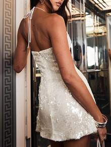 Women Sequin Halter Neck Dress Sleeveless Bow Tie Front Backless Mini Bodycon Dress For Daily Party Club - 白色 - 查看 5