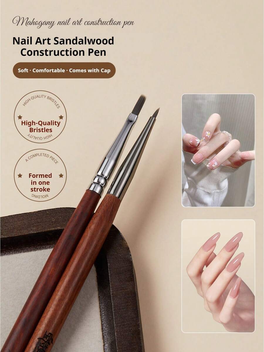BAOSHIMAN Set de cepillos de manicura con mango de sándalo | Cepillo de cabeza plana para modelado y cepillo de línea para extensión y pintura de uñas