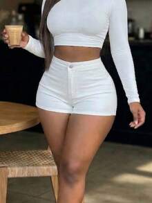 Women's High Waist Stretch Denim Shorts Casual Versatile Outing Shorts - 白色 - 查看 1