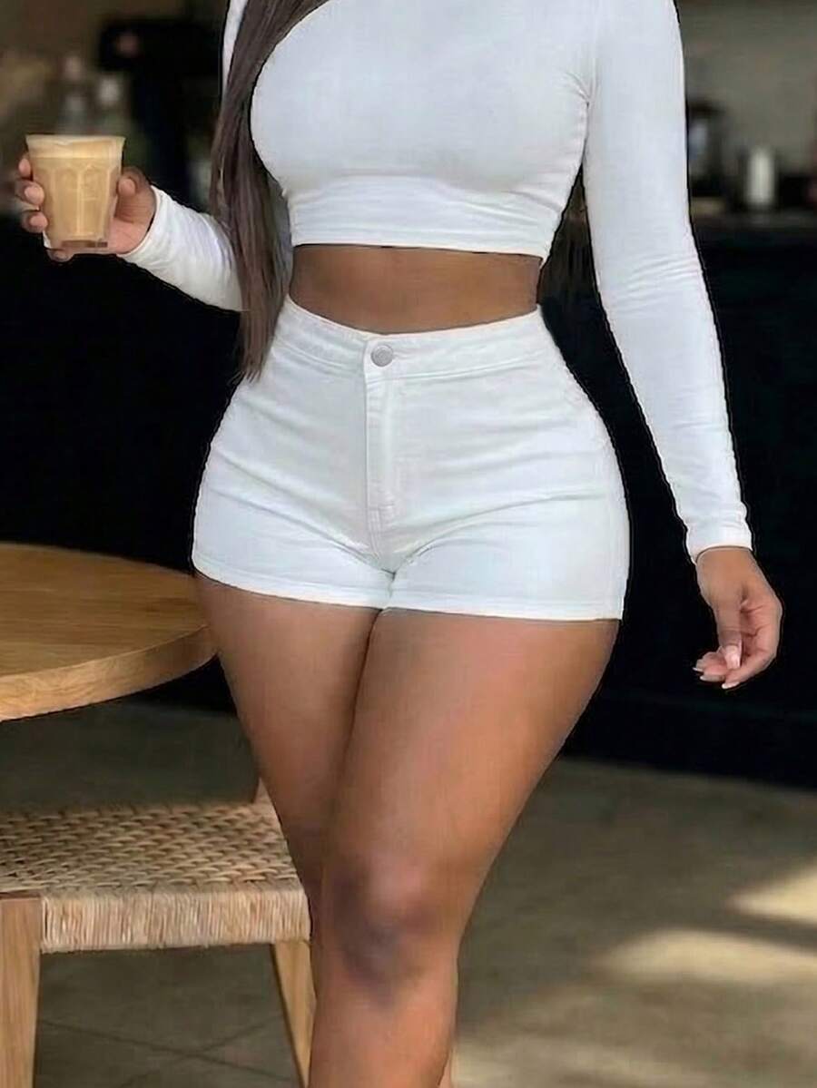 Women's High Waist Stretch Denim Shorts Casual Versatile Outing Shorts - 白色 - 查看 1