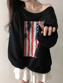 YCYC Vintage Flag Print Wide Neck Asymmetric Shoulder Sweatshirt Loose Fit Slimming Casual Top For Women - Black - View 2