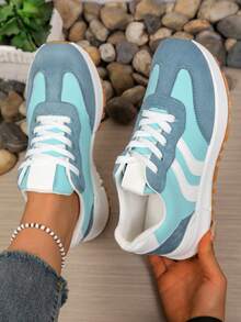 1 đôi giày thể thao nữ nhẹ, kiểu dáng thường ngày, giày học sinh thời trang phù hợp với người nhỏ nhắn, đế dày thoáng khí màu trắng. - Màu xanh lam - Xem 1