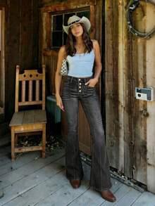 女士时尚前扣喇叭裤，修身黑色弹力喇叭裤 - 黑色 - 查看 3