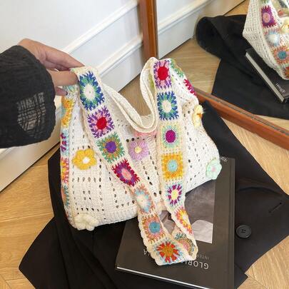 波西米亚复古镂空花卉撞色休闲斜挎包 - 混纺面料，纽扣闭合，可水洗，开口设计，女士理想之选，休闲时尚配饰 | 波西米亚设计 | 布艺包