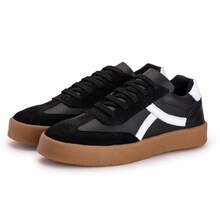Tênis Feminino Mulher Moderna Minimalista De Couro Nobuck Resistente Confortável Uso Diário Versátil - Preto e Branco - Visão 4
