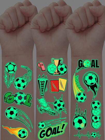 10Pcs Glow-In-The-Dark Temporary Tattoos Featuring A Football Series, With 78 Cartoon Football Element Designs. These Waterproof And Fun Artistic Decorative Tattoo Stickers Are Perfect For Soccer Game