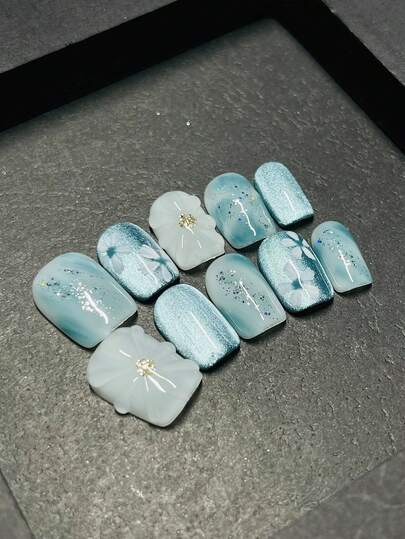 1 paquete/10 piezas - Uñas postizas de flor de Sakura 3D de color azul helado | Brillo con purpurina | Uñas falsas de estilo coreano lindo de verano