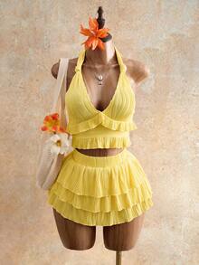 2026新款女士性感两件套，深V领荷叶边露背上衣搭配泡泡裙，Y2K复古风，夏季度假必备 - 黃色 - 查看 2